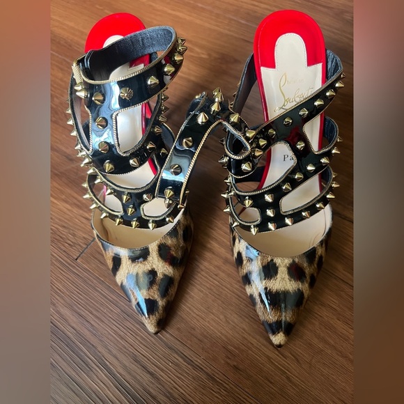 Christian Louboutin Patent Leopard Print Tchicaboum 100 Pumps 38.5 Version Brown - Picture 10 of 12